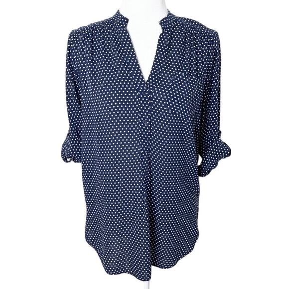 Market & Spruce Women's Top S Blue & White Polka Dot Roll Tab Sleeve 1/4 Button - Picture 1 of 9